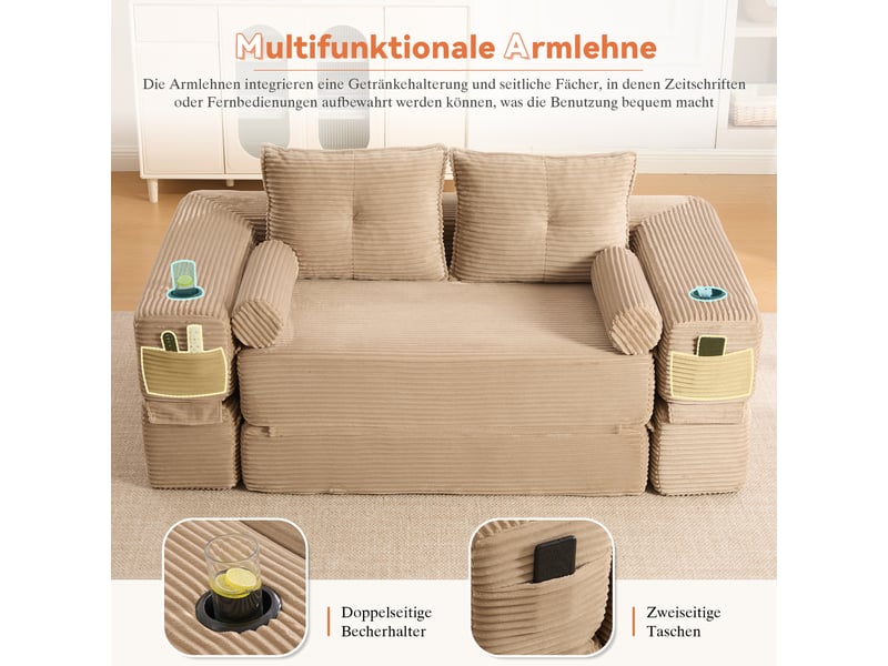  Canapé convertible 2 places en velours côtelé kaki avec tiroir de rangement et porte-gobelet  - Conforama E