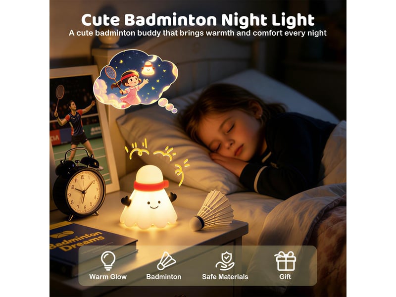  Veilleuse led mini raquette de badminton pour enfants, silicone souple sans bpa, 7 couleurs rgb, rechargeable usb et contrôle tactile  - Conforama D