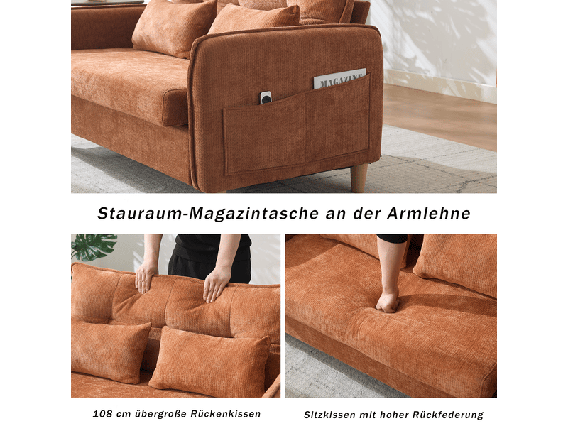 Canapé droit 2 places avec poches latérales  - accoudoirs et coussins, chenille marron, 127 cm  - Conforama E