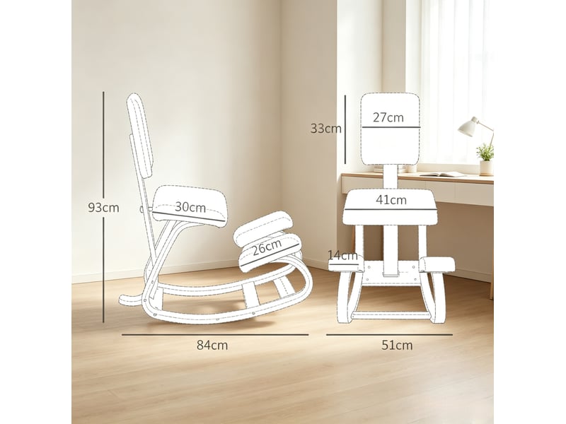  Chaise ergonomique à genoux avec dossier 51x84x93 cm mécanisme à bascule bois bleu foncé  - Conforama E