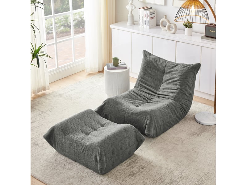 Fauteuil lazy gris en tissu bouclette avec repose-pieds, dossier et mousse haute résilience pour se détendre  - Conforama B