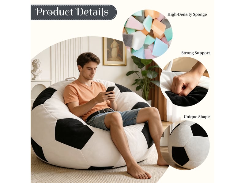 Fauteuil pouf rond en mousse à mémoire de forme pour salon et chambre, revêtement en flanelle blanc et noir - Conforama C