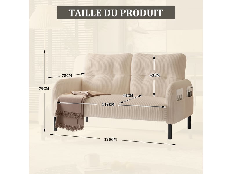  Canapé droit 2 places en velours côtelé beige 120 x 75 x 79 cm avec poches latérales, salon bureau chambre 120x75x79cm - Conforama C
