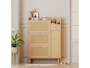 Meuble à chaussures en rotin, l90xh125xp17 cm, meuble d'entrée gain de place pour couloir étroit, 3 portes abattantes et 1 tiroir avec pieds, naturel