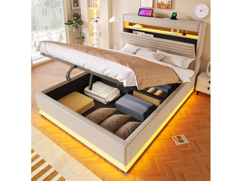  Lit coffre 2 places 140x200 cm avec rangment et led coloris beige  - Conforama D