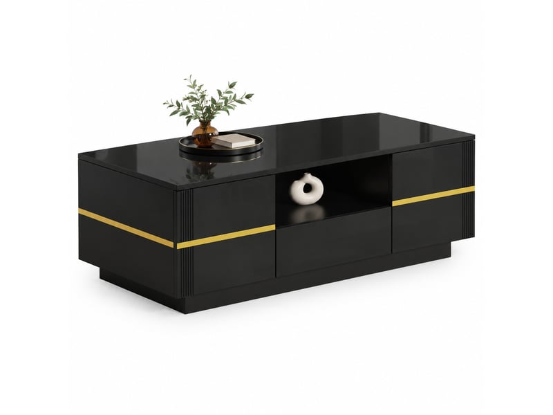  Table basse led 100x50x35,5 cm 2 portes +1 tiroir,  rangement, mdf, charge 30kg,  finition brillante noir et doré  - Conforama A