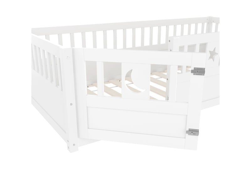  Lit enfant 90 x 190 cm avec barrières, portillon verrouillable et décor étoiles et lune, pin et contreplaqué, blanc Fay Lum - Conforama E