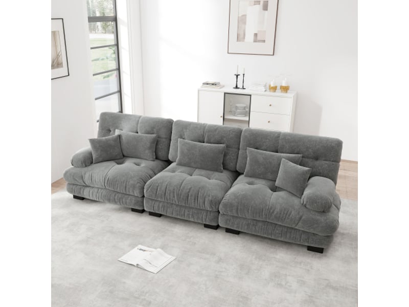  Canapé 3 places, canapé droit avec 3 coussins lombaires et 2 coussins décoratifs, structure en bois, en chenille, gris  - Conforama B