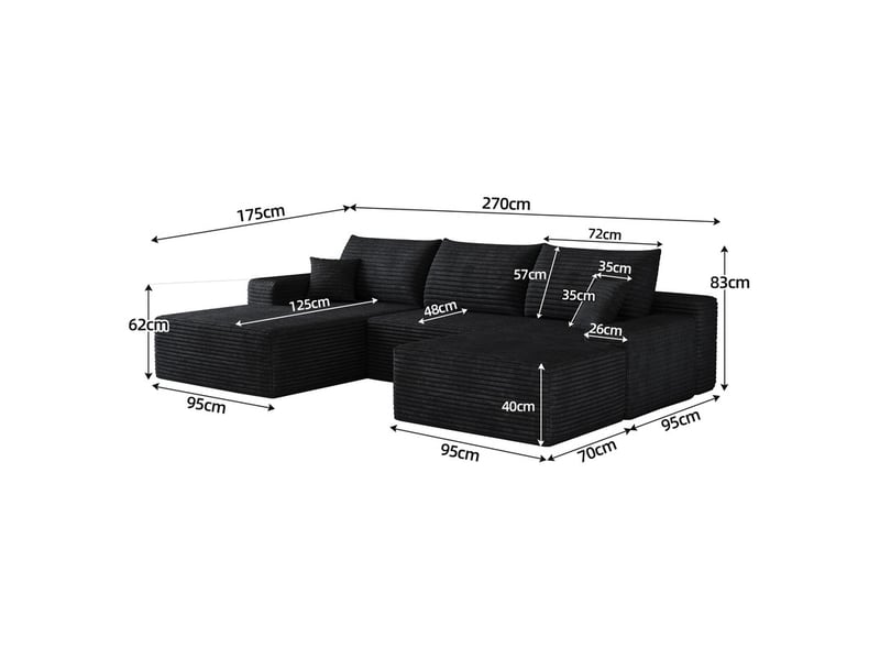  Canapé d'angle  modulaire ,4 places, avec méridienne en l, assise profonde ,aucun assemblage requis,270 × 175 ×83cm, noir  - Conforama C