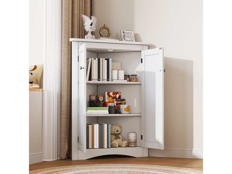 Meuble d'angle triangulaire avec porte en verre ondulé, étagère ouverte, éclairage led intégré et étagères réglables - Conforama D