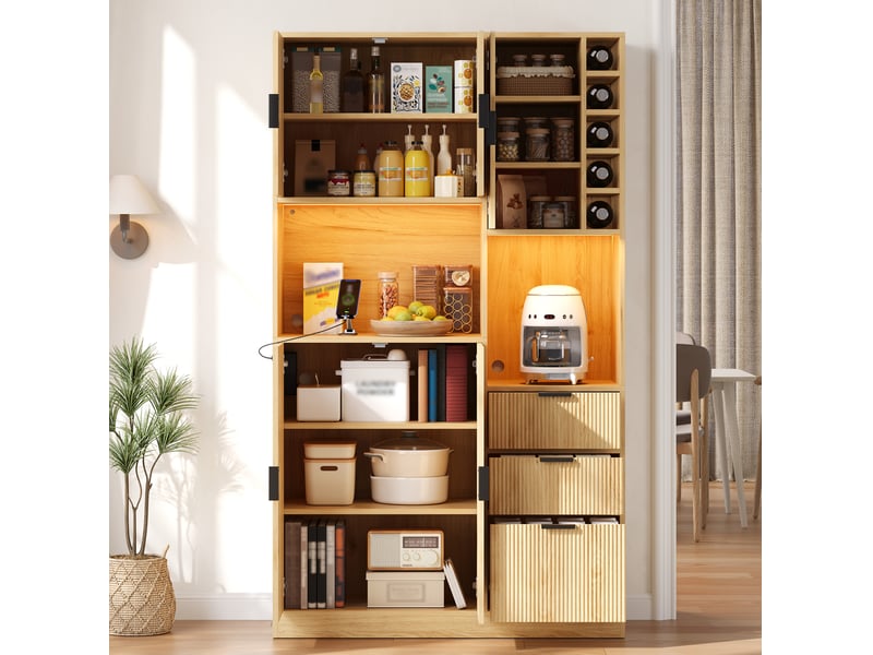  Buffet haut de cuisine 105x40x180 cm, 3 tiroirs, casier à bouteilles, led, prises intégrées, mdf naturel  - Conforama D