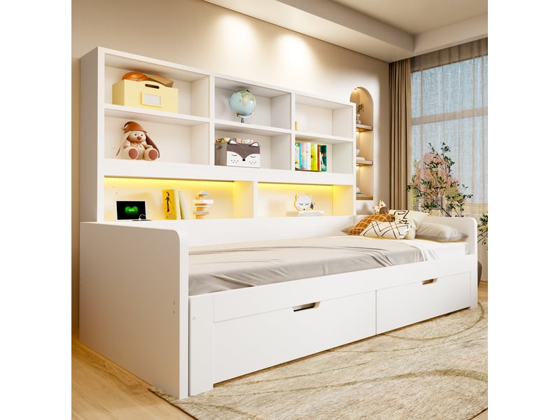  Lit gigogne 90180 x 200 cm rangement led blanc  - Conforama D