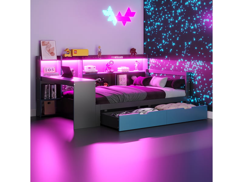  Lit banquette 1 place, bureau, bibliothèque, 2 tiroirs, led et usb 90×200 cm, sans matelas - bois - noir et bleu  - Conforama C