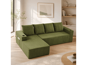 Canapé d’angle modulable 4 places en l, méridienne droite, porte-gobelets, poches de rangement, velours côtelé vert, sans montage, 261 x 168 x 58 cm