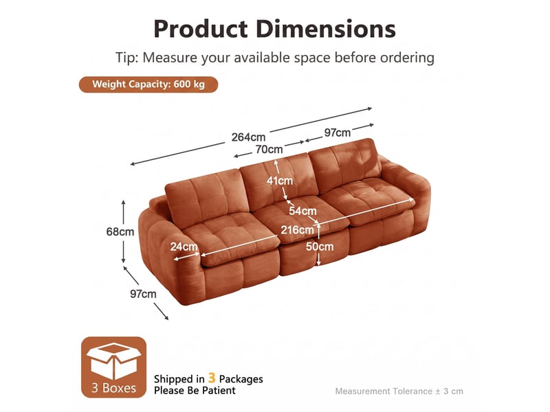 Canapé 3 places, revêtement en tissu chenille, sans assemblage, rouge orangé - Conforama D
