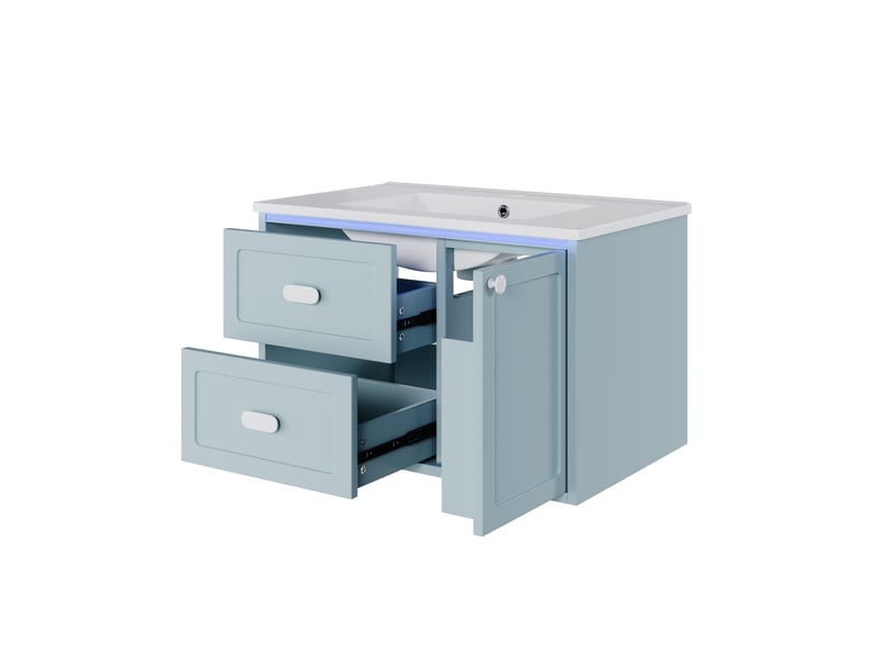  Meuble vasque mural salle de bain bleu 76 cm avec lavabo intégré, led et 2 tiroirs silencieux  - Conforama D