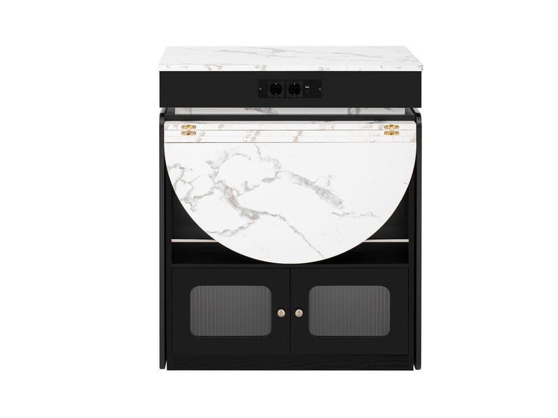 Îlot de cuisine buffet de cuisine à tiroirs sur roulettes table repas extensible multiprises intégrées éclairage led intégré tiroirs de rangement fonction table bar coloris noir - Conforama A