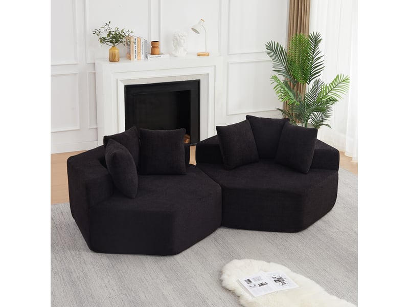  Fauteuils modulables compressés et hexagonaux souples lot de 2, assise de 2 places, en tissu chenille, couleur noir  - Conforama D
