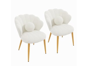 Lot de 2 chaises de salle à manger dossier coquillage en tissu teddy blanc, pieds dorés