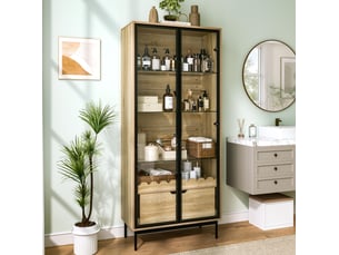 Haut meuble de rangement à portes vitrées 75 x 35 x 170,8 cm – noir et naturel – étagères réglables