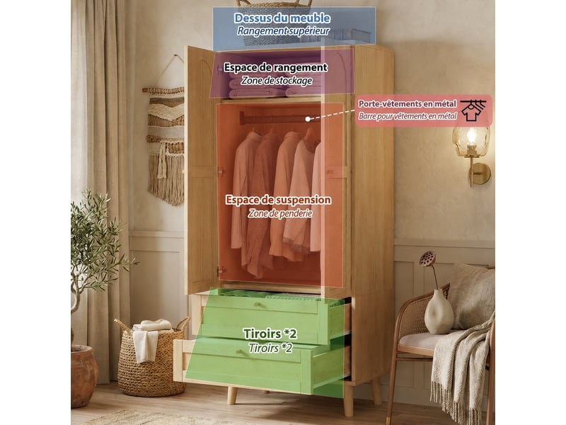 Armoire penderie aspect bois naturel, effet rotin, 2 tiroirs, 80 x 50 x 180 cm - Conforama E