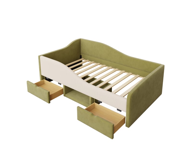  Lit canapé enfant velours vert foncé et crème 90x190 cm avec 2 tiroirs  - Conforama D