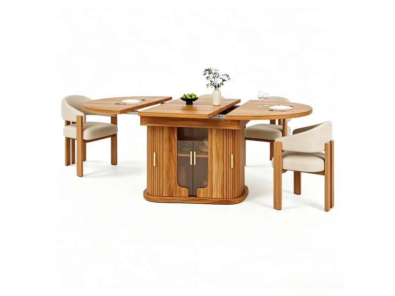  Ensemble table extensible rondeovale 118-158 cm noyer + 4 chaises ergonomiques rembourrées pieds métal aspect bois  - Conforama A