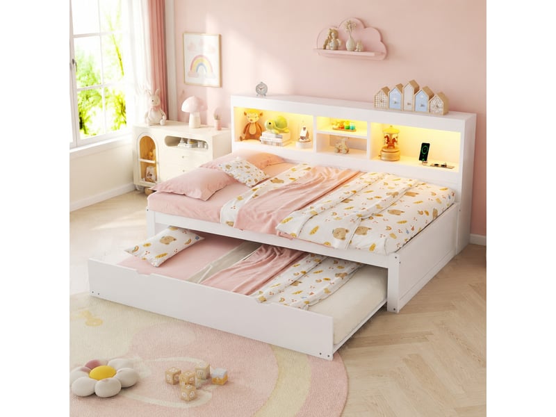  Lit gigogne 2 places avec éclairage led, prises, usb et rangements, 90x200 cm et 90x190 cm, sans matelas  - Conforama C