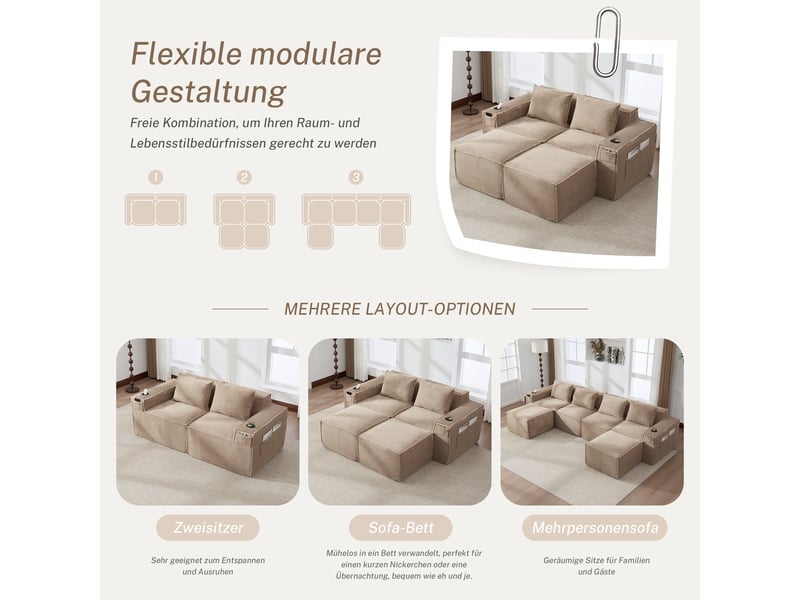  Canapé modulaire 2 places avec 2 poufs et porte-gobelets - lpospi - poches latérales, velours côtelé kaki  - Conforama E
