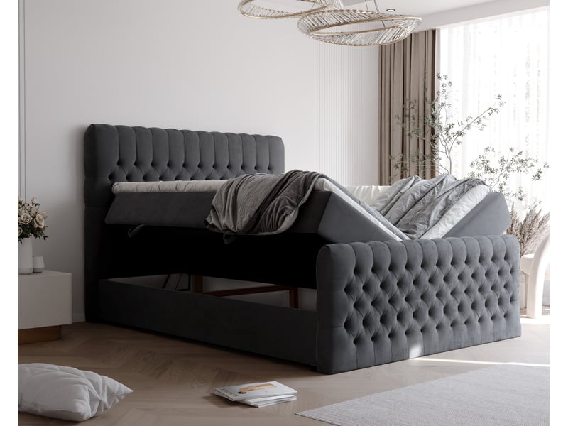  Lit adulte alba plus - 200x200 cm - matelas ressorts + surmatelas - coffre de rangement - velours doux hydrofuge gris foncé ALBA PLUS - Conforama C