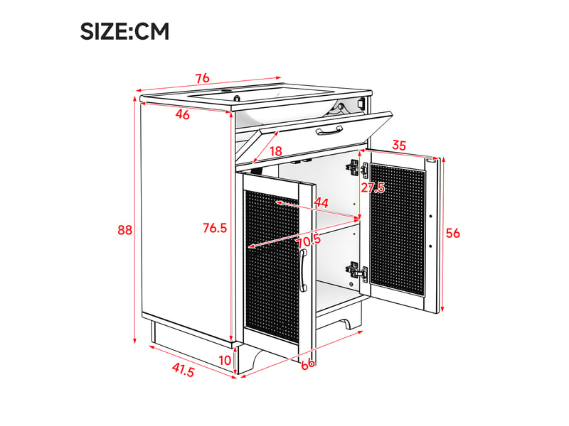 Meuble vasque salle de bain sur pied 76x46x88 cm – naturel – rangement intégré et portes effet rotin - Conforama C