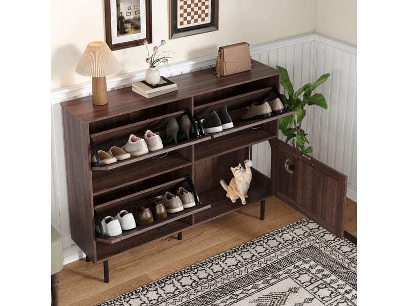  Meuble à chaussures 120x28x92 cm, 3 abattants, rangement animal et capacité 7 à 9 paires, pour entrée et couloir - noyer naturel  - Conforama B