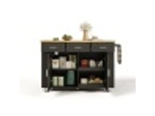 Îlot de cuisine mobile bois naturel et noir en mdf, plateau rabattable, 3 tiroirs, prise intégrée, 120 × 45 (70) × 84 cm