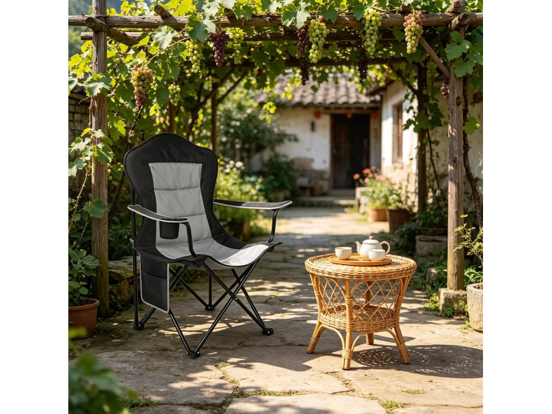  Chaise de camping pliante noire et gris foncé avec porte-gobelet, poche latérale et sac de transport pratique  - Conforama B