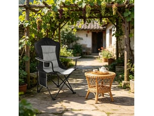 Chaise de camping pliante noire et gris foncé avec porte-gobelet, poche latérale et sac de transport pratique