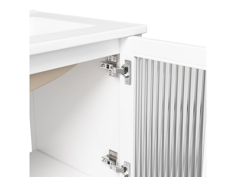  Meuble salle de bain 61 cm sur pied blanc brillant avec lavabo céramique et portes en verre strié  - Conforama R