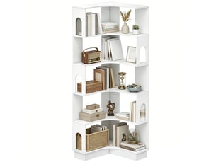 Bibliothèque d'angle, étagère de rangement à 6 niveaux avec panneaux latéraux arqués, 60 x 60 x 165,5 cm, blanc