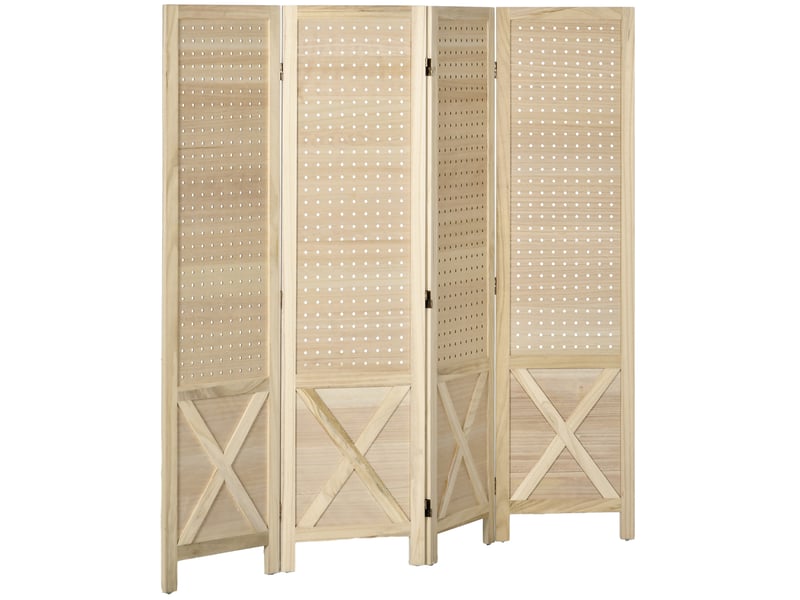  Paravent intérieur en bois 4 panneaux séparateur de pièce pliable panneau perforé bois naturel 152 x 1,7 x 144,5 cm  - Conforama B