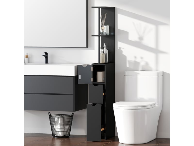  Meuble colonne salle de bain armoire de salle de bain avec tiroirs étagères ouvertes placard noir 15 x 33 x 136,8 cm  - Conforama W