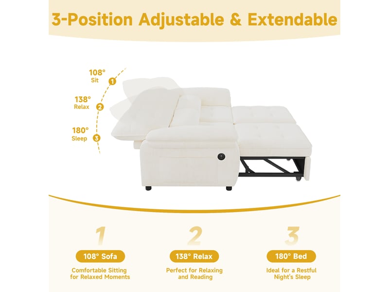 Canapé convertible 3 en 1, tissu chenille beige 2 places, lit pliant avec dossier réglable & ports usb pour salon et chambre d'amis - Conforama D