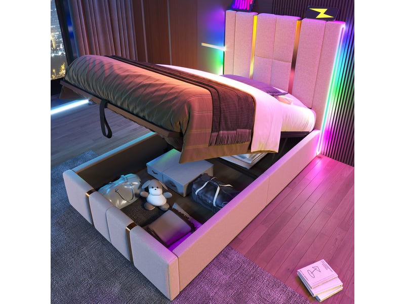  Lit capitonnée en lin beige 90 x 200 cm  - Conforama B