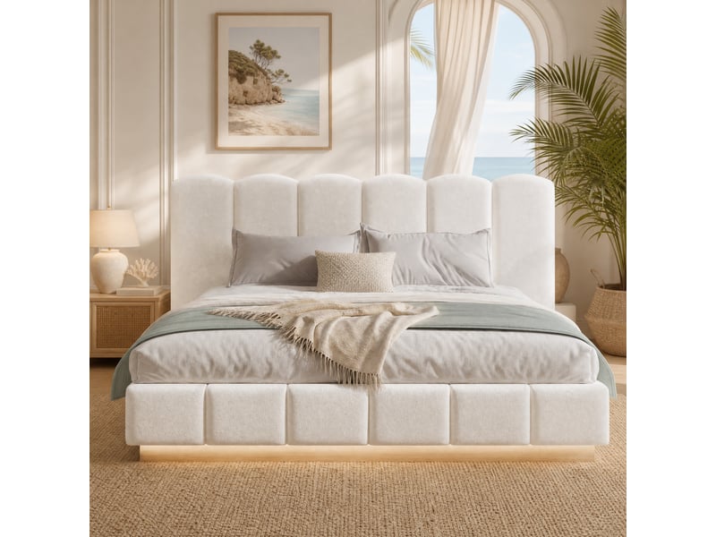  Lit coffre 180 × 200 cm avec led, sommier à lattes, tête de lit en bouclé blanc pour chambre 210 × 216 × 103 cm  - Conforama E