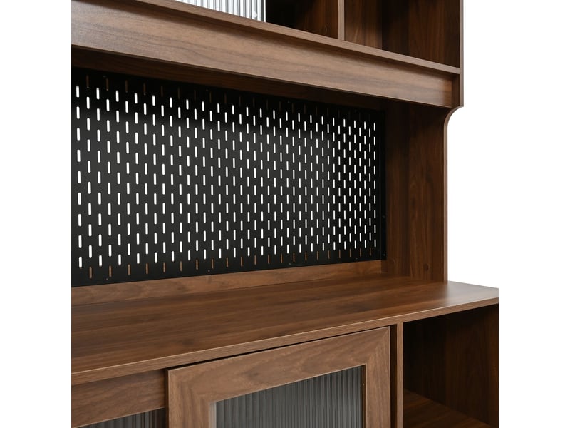  Buffet de cuisine à portes coulissantes en verre strié panneau arrière perforé tiroirs intégrés compartiments ouverts structure en mdf et panneaux de particules pieds en bois de pin  - Conforama D