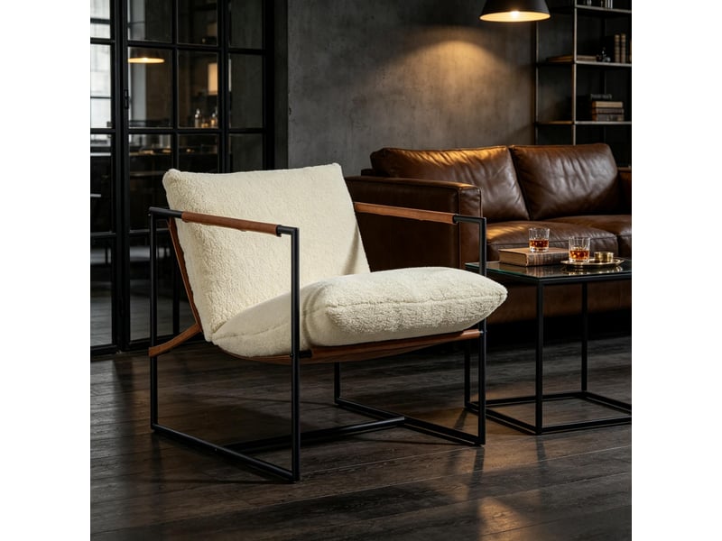 Fauteuil de salon en tissu bouclette, grande assise rembourrée et structure acier stable - Conforama B