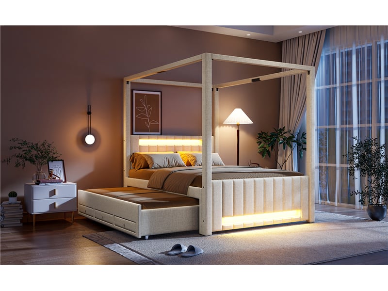  Lit gigogne double 140×200 cm, 3 tiroirs et led réglable - okmyhome- beige, sans matelas, en lin et mdf  - Conforama E