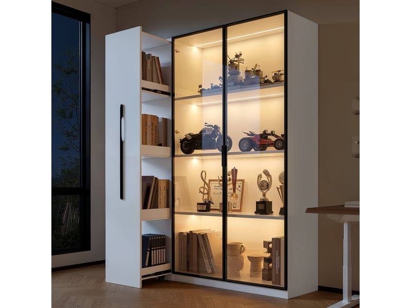  Vitrine armoire led 110x35x160cm meuble de rangement buffet haut bibliothèque avec portes vitrée étagère coulissante, blanc  - Conforama B