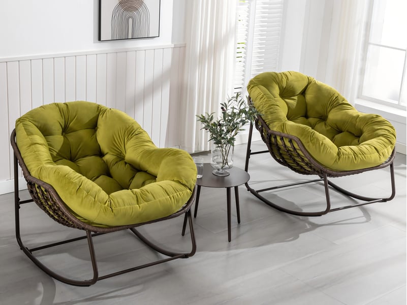  Cocon - lot de 2 fauteuils à bascule en rotin naturel – forme œuf et coussins vert amande  – confortable pour salon, véranda ou chambre  - Conforama B