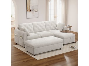Canapé velours beige 2-en-1: chaise-longue + ottoman rangement réversible, accoudoirs avec poches, capitonné