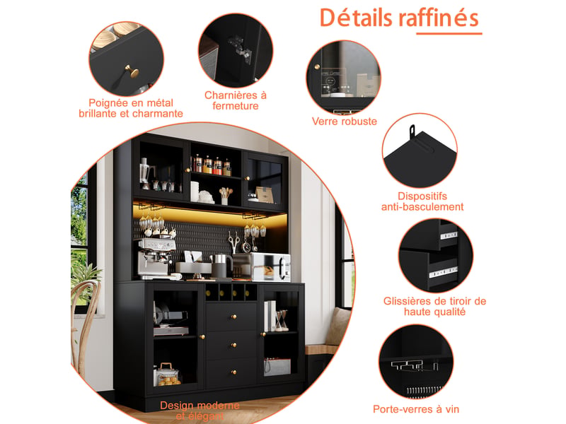  Buffet 140*40*185.7 cm avec éclairage led intelligent,4 portes 3 tiroirs - meuble de cuisine avec casier à vin - pour salon - noir  - Conforama E