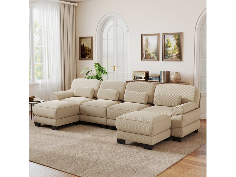  Canapé modulable en u 4 places 336x161x94 cm, soutien ergonomique, assise profonde, 2 poufs, en velours côtelé, beige  - Conforama B